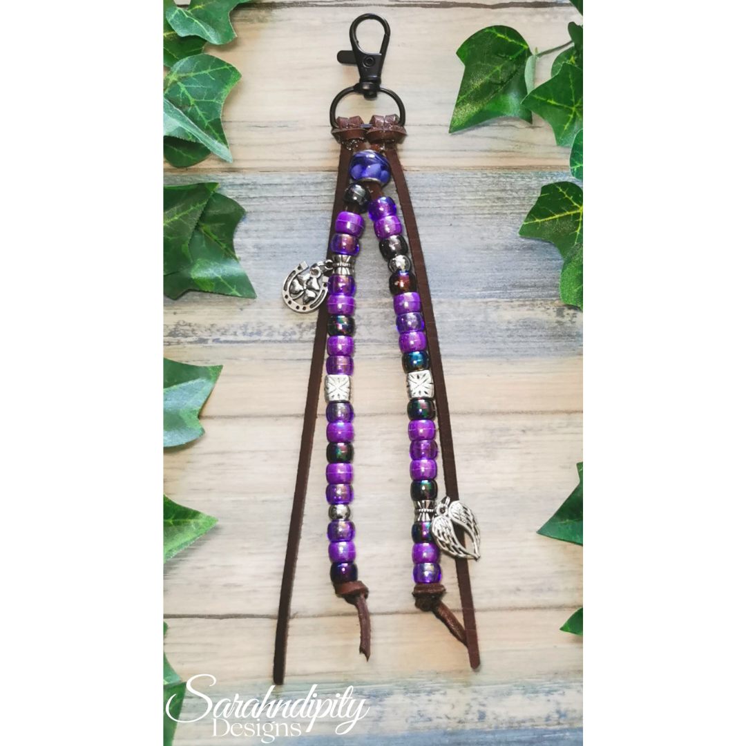 Saddle Charm -  Purple and Black with Lucky Horse Shoe and Feather Charms
