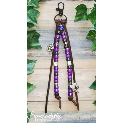 Saddle Charm -  Purple and Black with Lucky Horse Shoe and Feather Charms