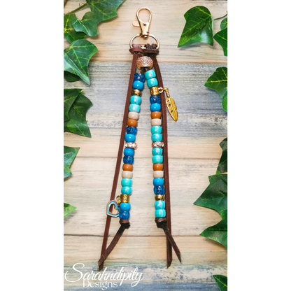 Saddle Charm - Turquoise and Brown with Feather and Heart Charm