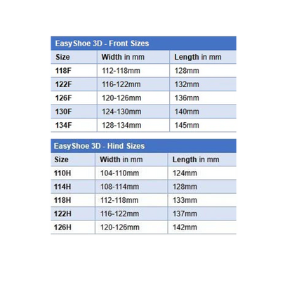 EasyCare EasyShoe 3D Size Chart