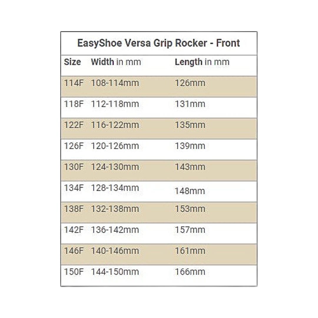 EasyCare EasyShoe Versa Grip Rocker Size Chart
