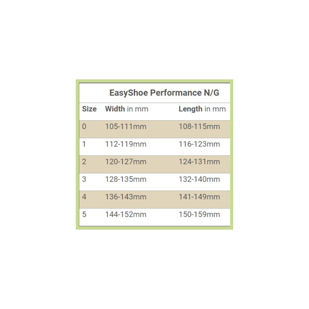EasyCare EasyShoe Performance N/G Size Chart
