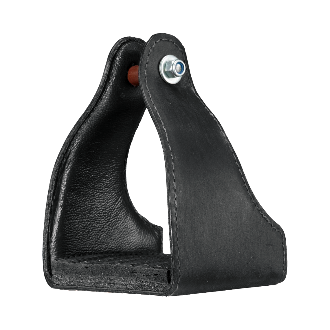 Tough1 Leather Covered Narrow Neck Endurance Stirrup in Black Side Toe View
