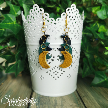 Navy, Teal and Yellow Moon Leather Earrings