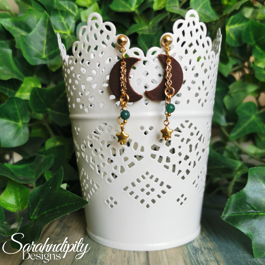 Dark Brown Dangle Moon Leather Earrings