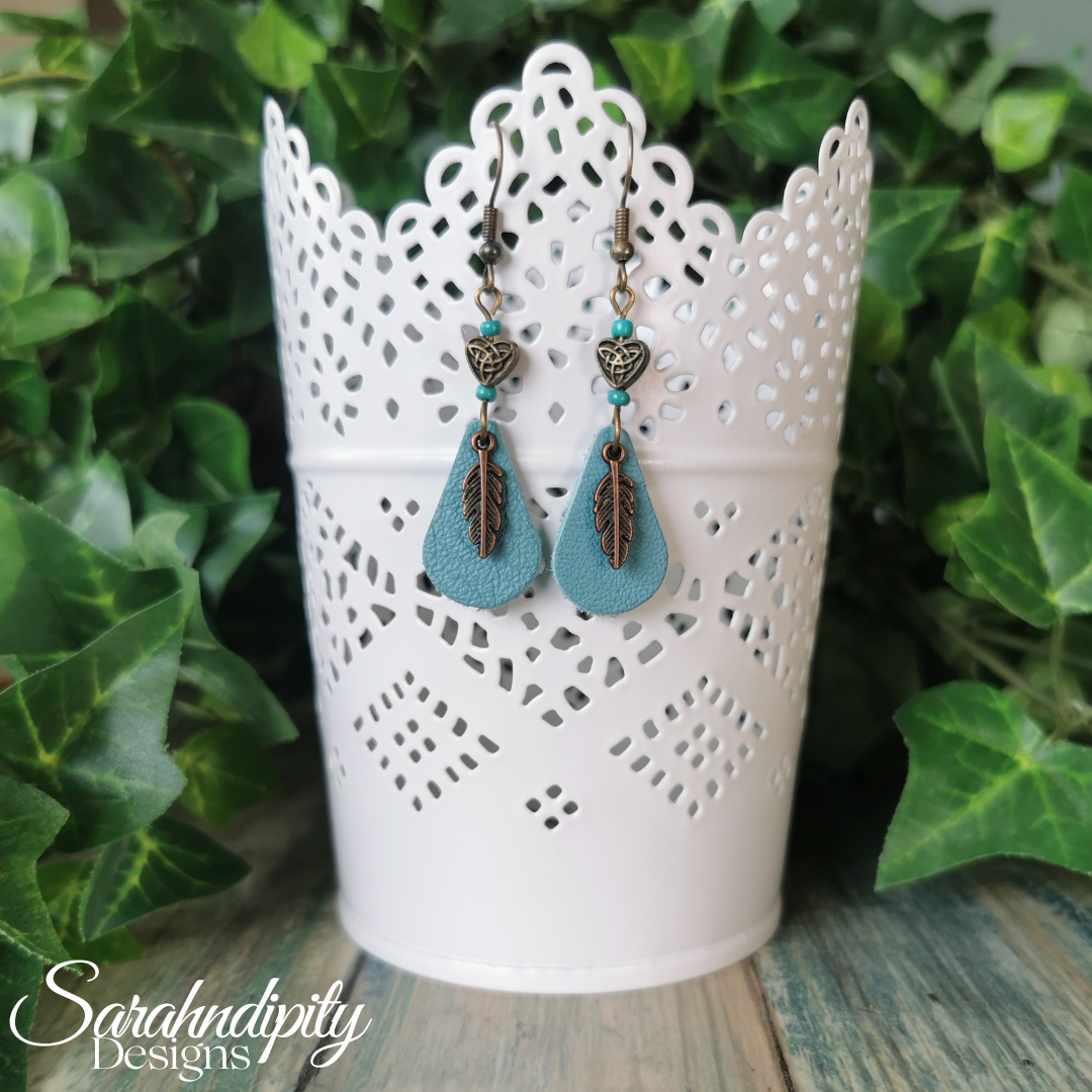 Aqua and Brass Leather Earrings