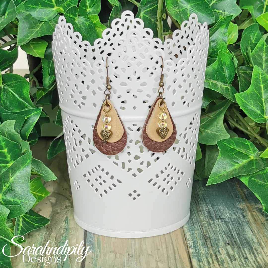 Brown and Tan Heart Leather Earrings