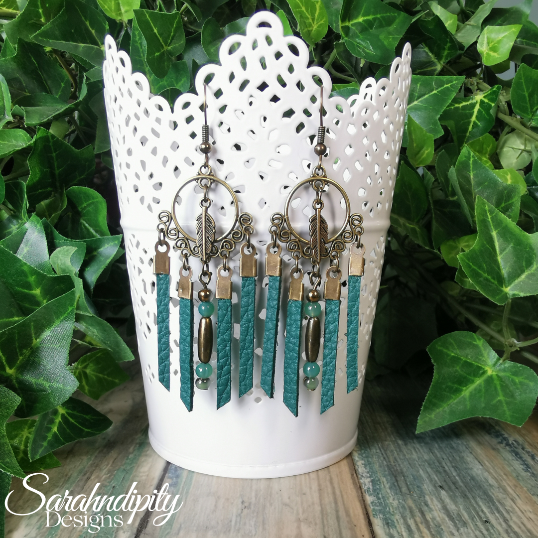 Teal and Brass Leather Earrings