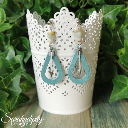 Aqua, Stone and Arrow Leather Earrings
