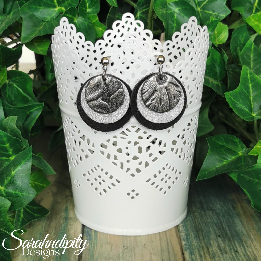 Black, Sliver and Floral Leather Earrings