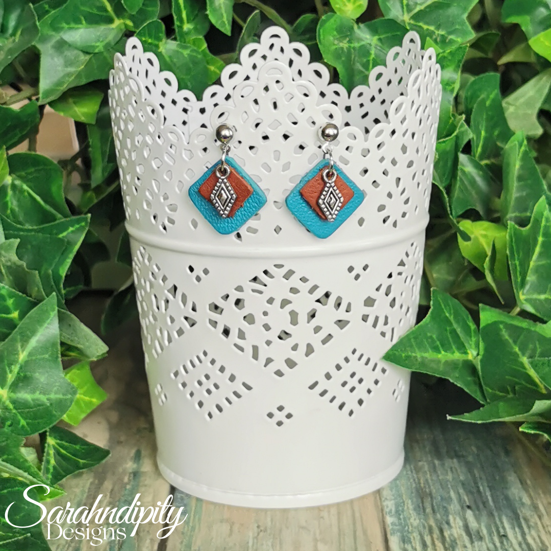 Turquoise and Tan Diamond Leather Earrings