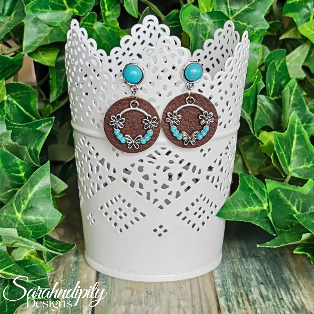 Brown and Turquoise Butterfly Leather Earrings